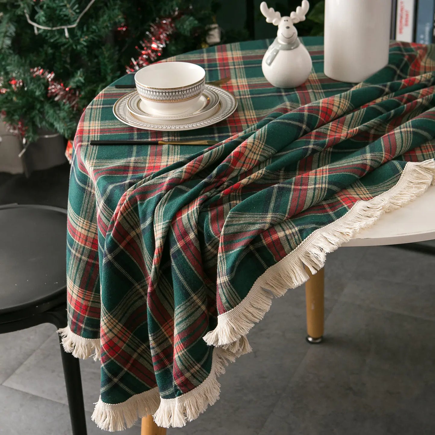 Imanqi Checkered Christmas Tablecloth with Tassels