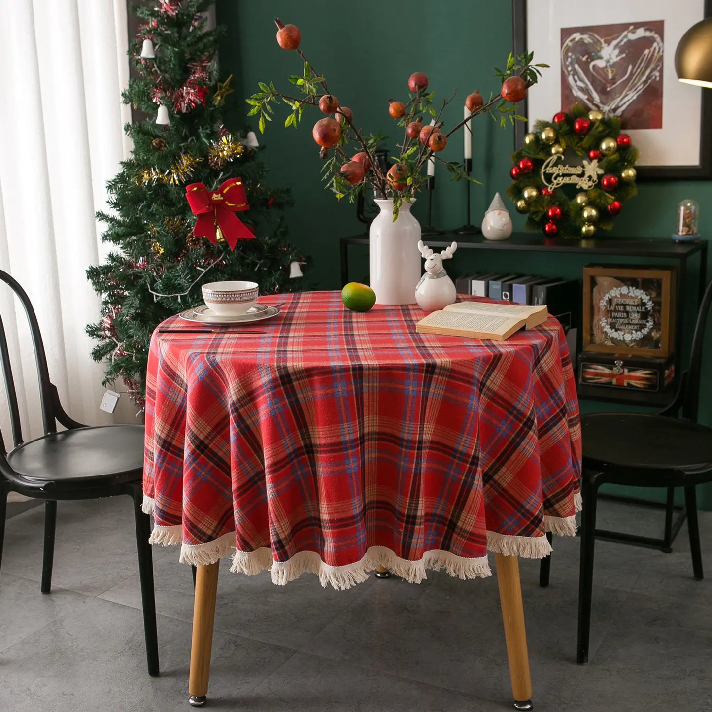Imanqi Checkered Christmas Tablecloth with Tassels