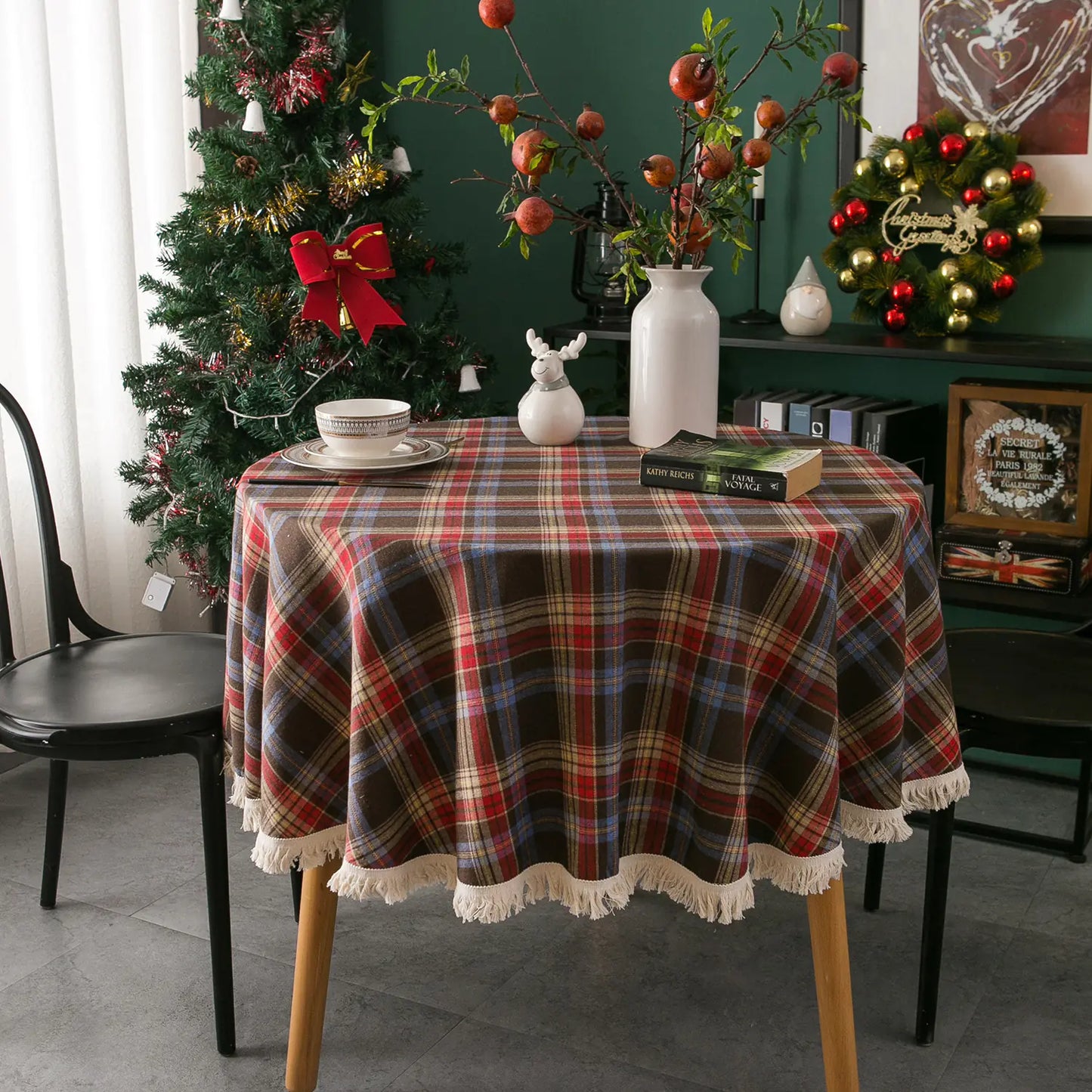 Imanqi Checkered Christmas Tablecloth with Tassels