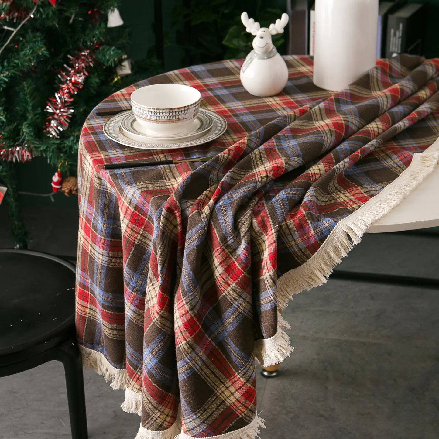 Imanqi Checkered Christmas Tablecloth with Tassels