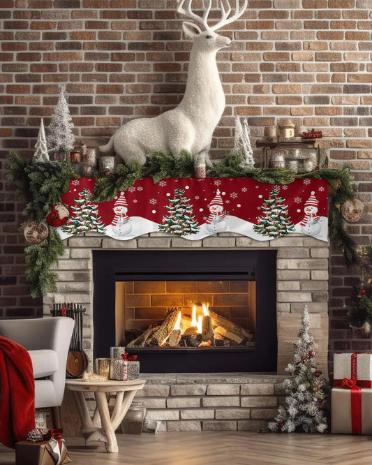 ALAGEO Christmas Fireplace Scarf Snow Snowman Holly Tree Fireplace Mantel Christmas Scarf Cover Candy Cane Snowflake Fireplace Cloth Table Runner Decoration for Holiday Party Decor 60 x 17 inch