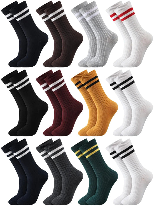 Collection of various colored socks with striped patterns on a white background