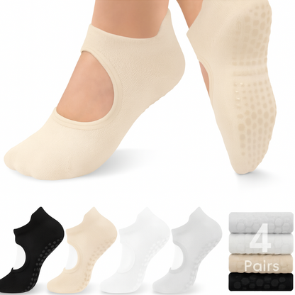 Beige, black, white, and gray no-show socks with text '4 Pairs' on a white background.