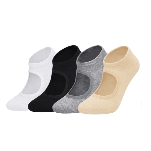 Four pairs of no-show socks in white, black, gray, and beige on a white background.