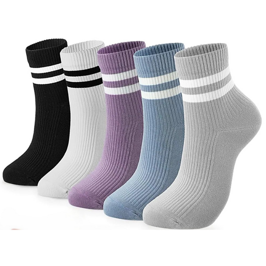 Set of five socks in black, white, purple, blue, and gray with striped patterns on a white background.