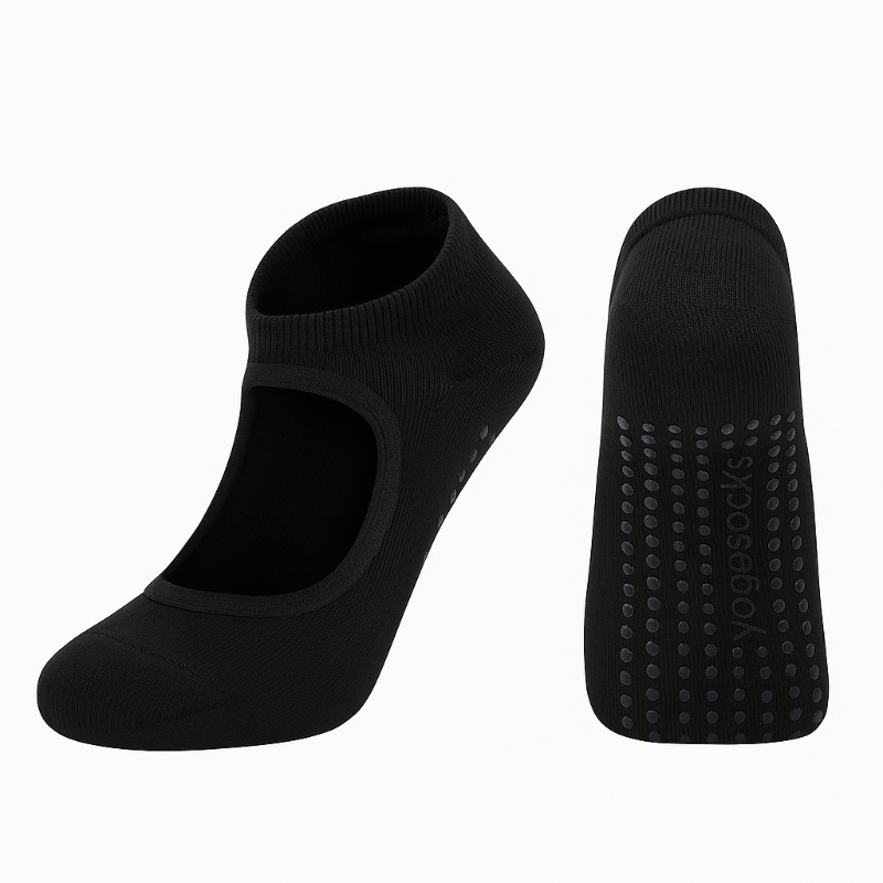 Black yoga socks with textured sole on a white background