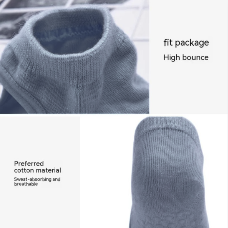 Gray sock with text highlighting 'fit package', 'high bounce', 'preferred cotton material', and 'sweat-absorbing and breathable'.