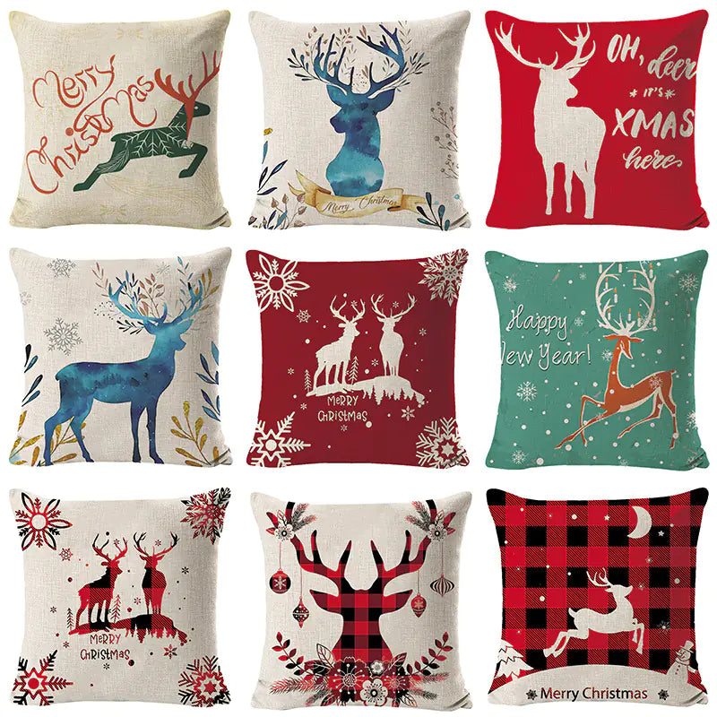 Christmas Elk Print Linen Pillow Cover