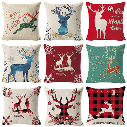 Christmas Elk Print Linen Pillow Cover