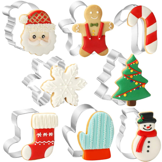 Set of Christmas-themed cookie cutters including Santa, gingerbread man, candy cane, snowflake, Christmas tree, stocking, mitten, and snowman on a white background.