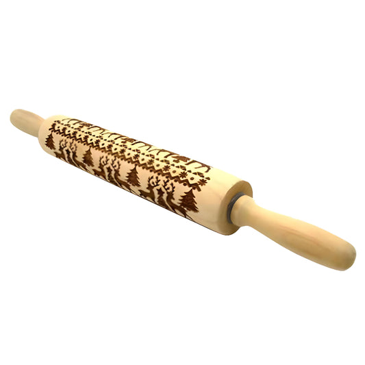 Wooden rolling pin with embossed pattern on a white background