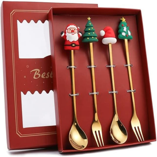 Set of Christmas-themed spoons and forks in a decorative box