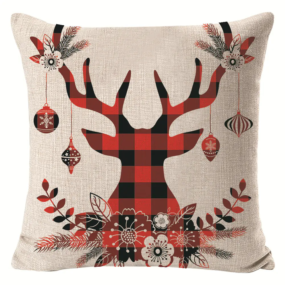 Christmas Elk Print Linen Pillow Cover