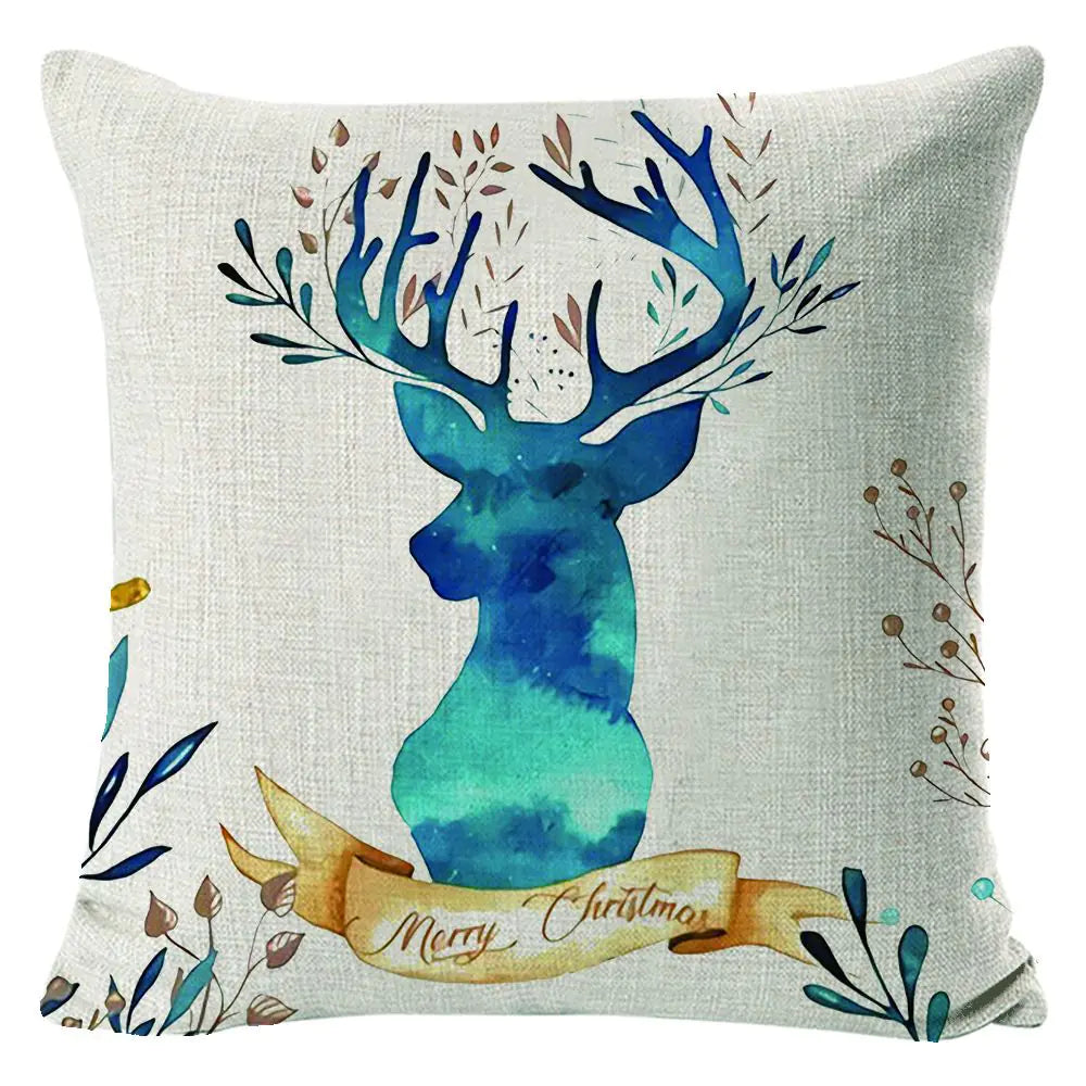 Christmas Elk Print Linen Pillow Cover