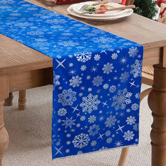 WHOMEAF Winter Blue Silver Velvet Table Runner Snowflake Xmas Luxurious Seasonal Christmas Snow Table Decoration Coffee Table Decor for Home Kitchen Dining Party Holiday Indoor Outdoor 13x108 Inch