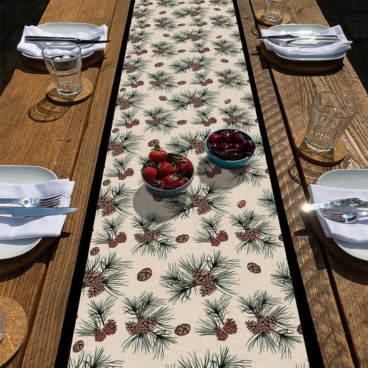 Seliem Winter Pine Cones Branches Table Runner Pine Needles Tabletop Scarf Home Kitchen Green Black Christmas Decor Seasonal Farmhouse Rustic Burlap Dining Decorations Party Supply 13 x 108 Inch