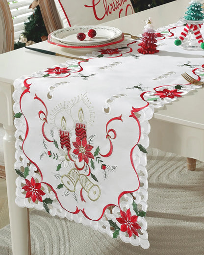 Christmas Table Runner with Embroidered Holly Leaves Poinsettia Candle Bell Winter Farmhouse Christmas Decorations Indoor Home Party Decor 68 Inches Long