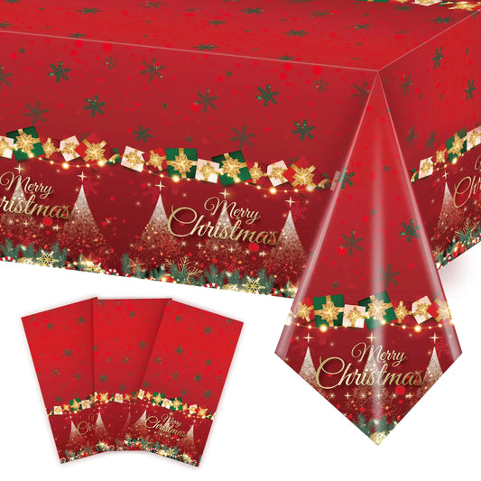 3Pcs Christmas Tablecloth 54x108 Inch Disposable Plastic Christmas Table Cloth Rectangle Holiday Snowflake Red Tablecloth Xmas Table Cover Winter Christmas Table Decorations For Home Dinner Party