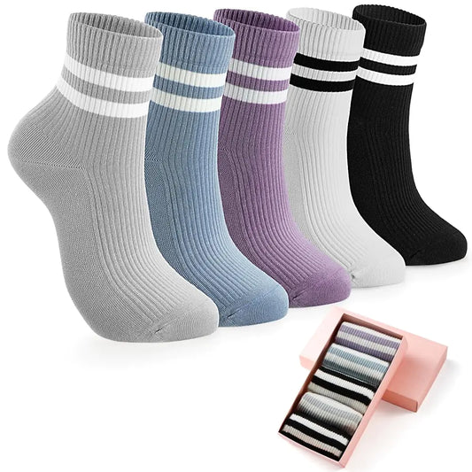 HUGSWEET 5 Pairs Quarter Crew Athletic Cotton Casual Striped Novelty Socks For Women
